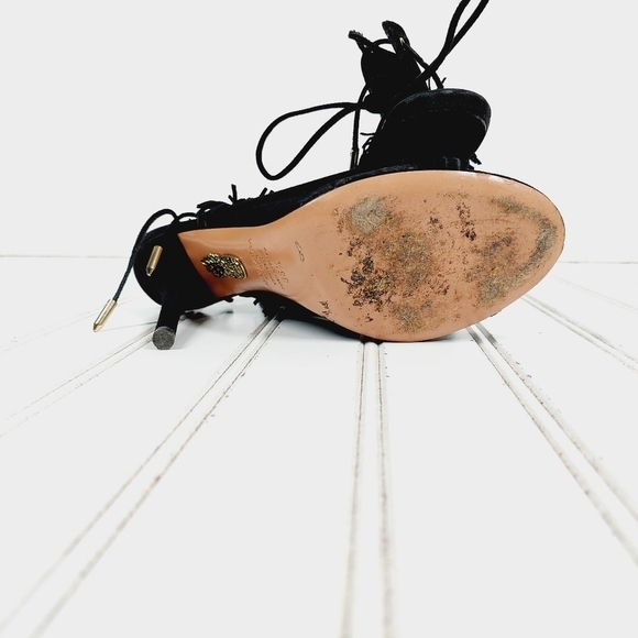 Aquazzura Black Suede Sexy Thing Fringe Peep Toe Booties Sandals Heels B163 - Picture 10 of 12